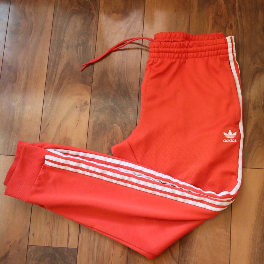 adidas Red Joggers with White Three-Stripes